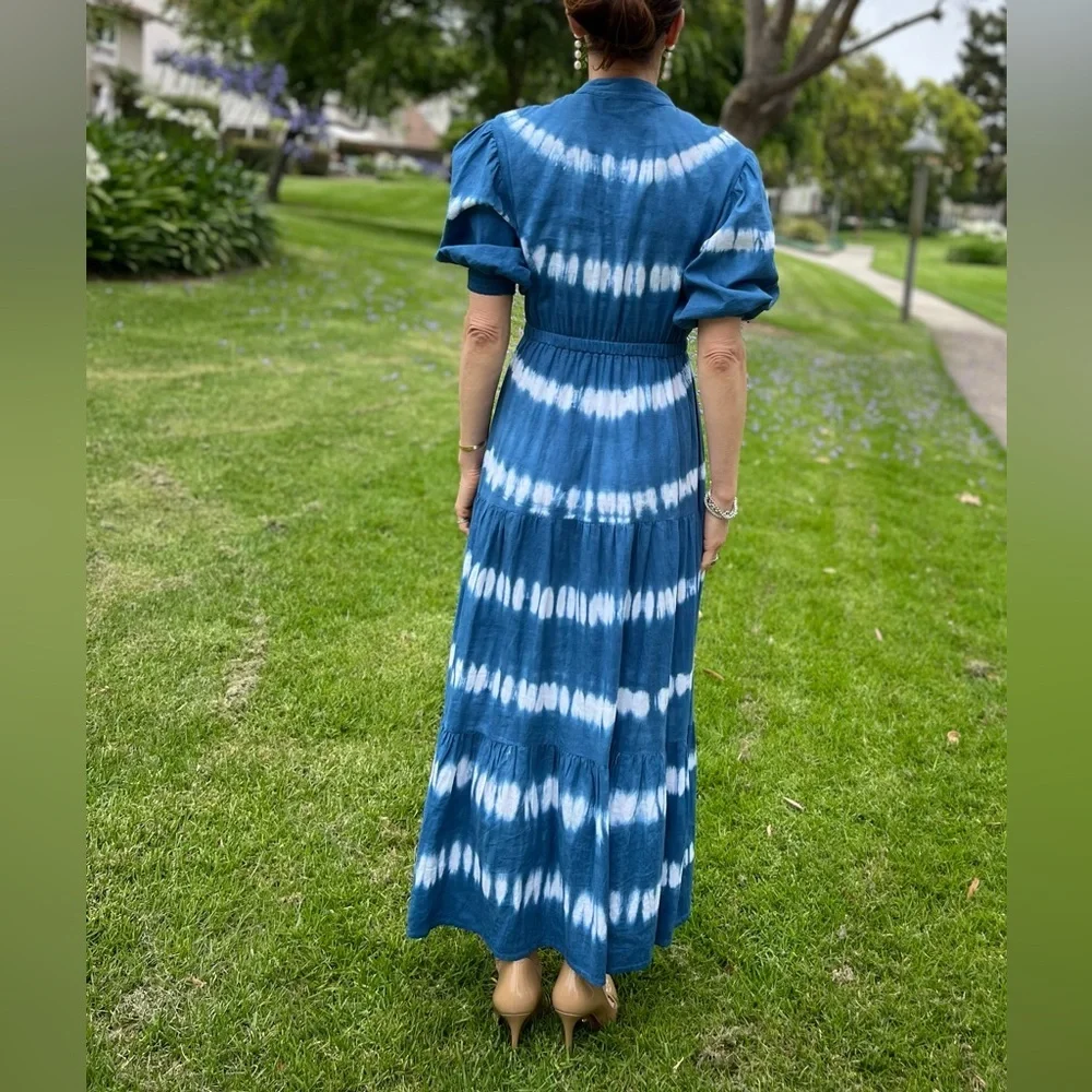 Sole by Mare Sole Amore Linen Blend A-Line Tie Dye Midi Dress White/Blue Sz S - Picture 3 of 12